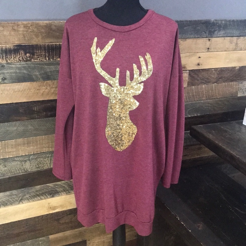 Sweet Pea | Womens Sequins Reindeer Tunic, M, Red/Cranberry & Gold